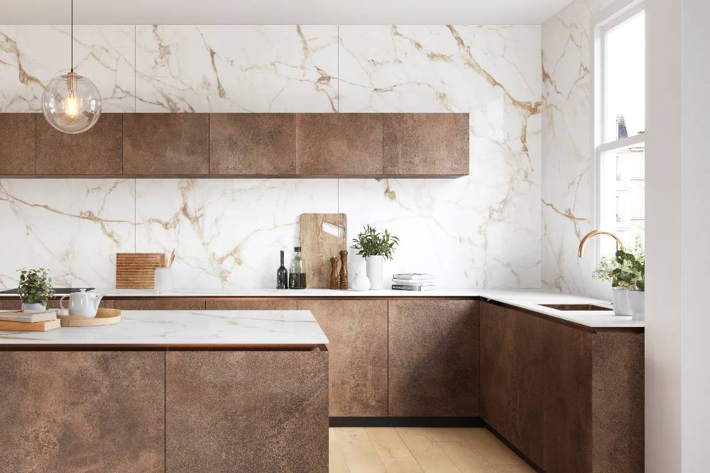Porcelanosa kitchen — handleless units with stone worktop